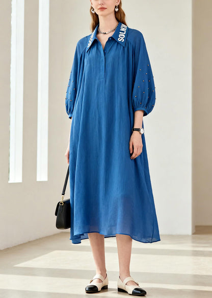 Loose Blue Peter Pan Collar Patchwork Chiffon Maxi Dress Lanter Sleeve