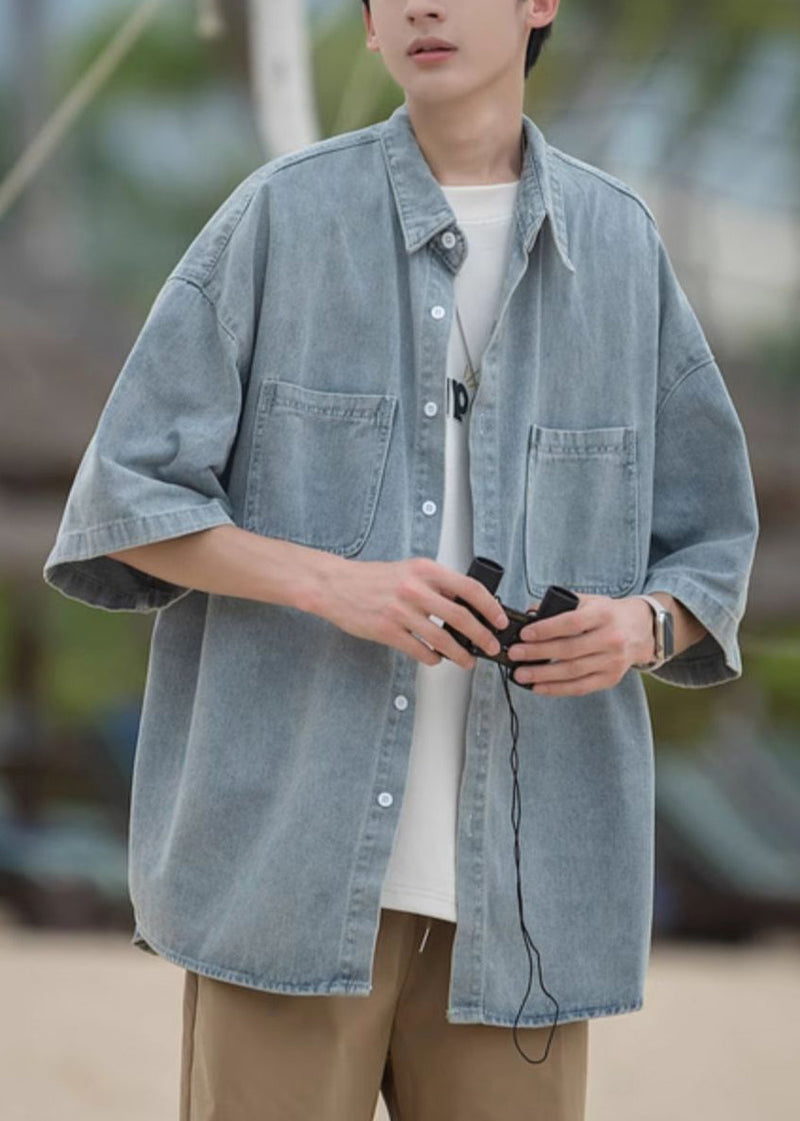 Loose Blue Peter Pan Collar Pockets Denim Shirts Spring
