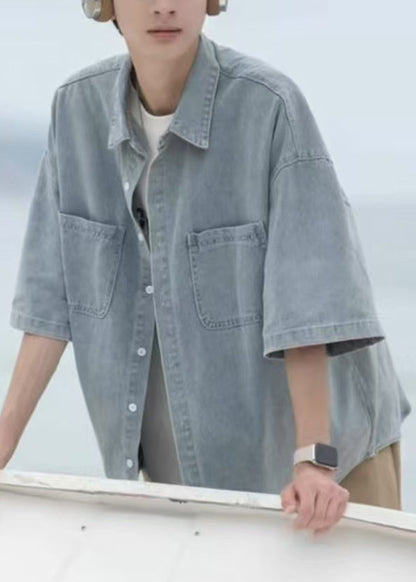 Loose Blue Peter Pan Collar Pockets Denim Shirts Spring