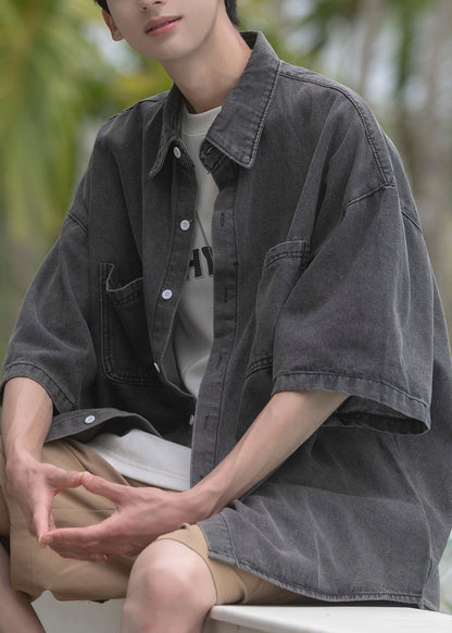 Loose Blue Peter Pan Collar Pockets Denim Shirts Spring