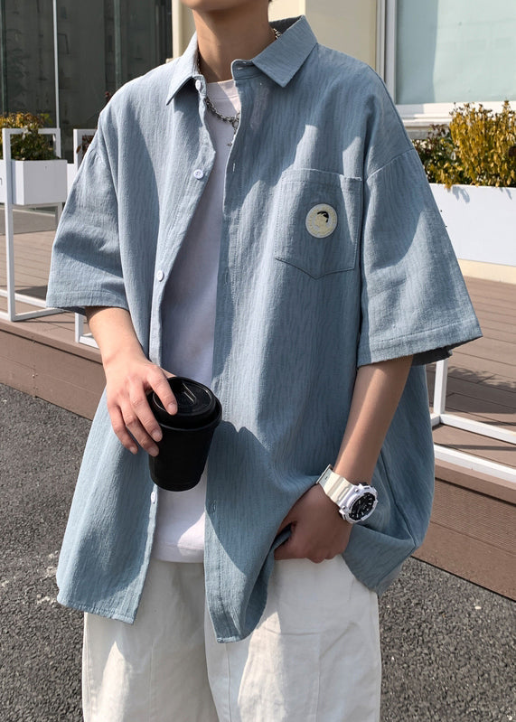 Loose Blue Peter Pan Collar Pockets Cotton Shirts Summer