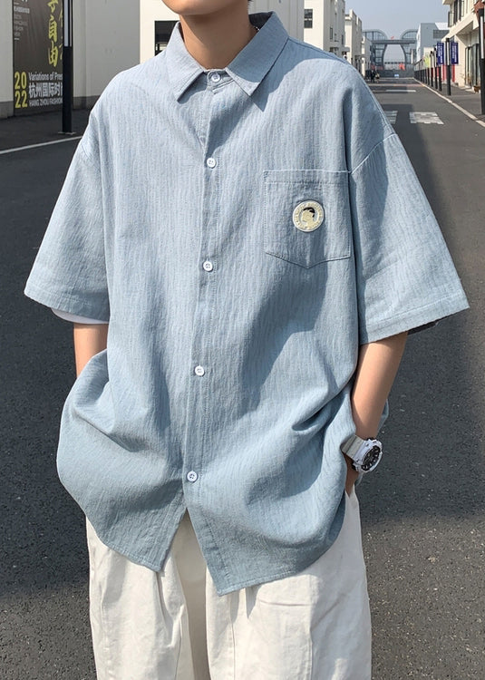 Loose Blue Peter Pan Collar Pockets Cotton Shirts Summer