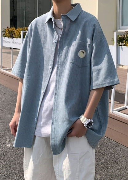 Loose Blue Peter Pan Collar Pockets Cotton Shirts Summer