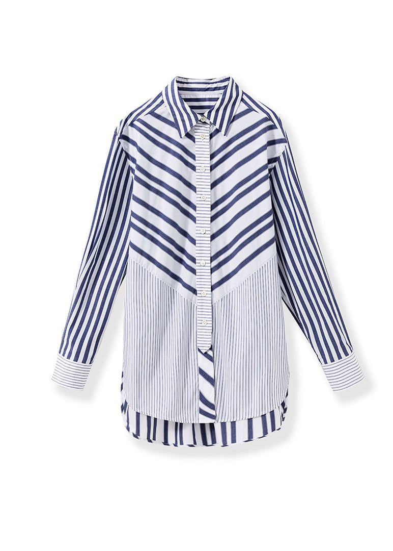 Loose Blue Peter Pan Collar Striped Cotton Shirts Fall