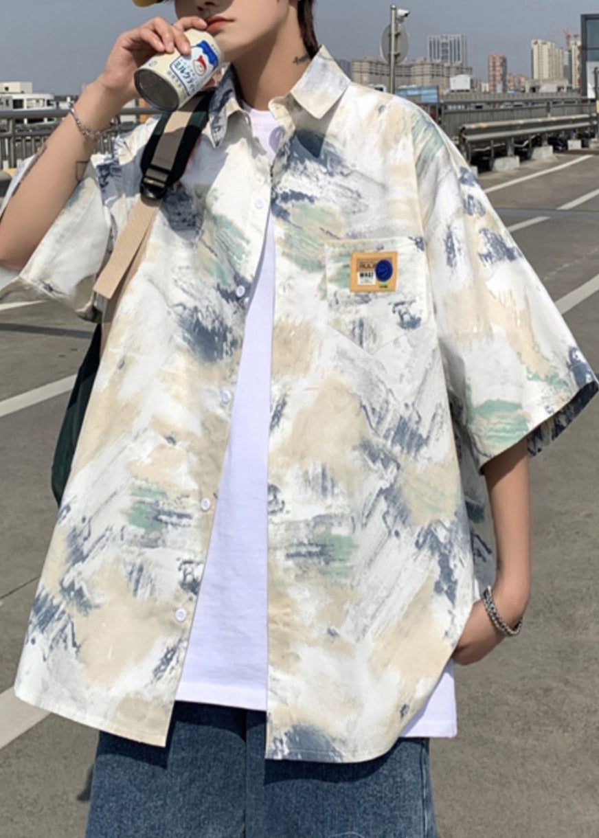 Loose Blue Peter Pan Collar Tie Dye Ice Silk Shirts Summer