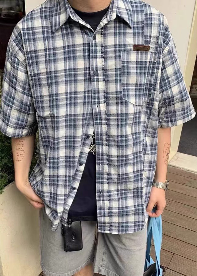 Loose Blue Plaid Button Cotton Shirts Summer
