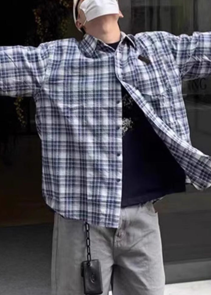 Loose Blue Plaid Button Cotton Shirts Summer