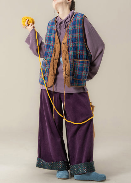 Loose Blue Plaid Lace Up Cotton Filled Waistcoat and Purple Wide Leg Pants Three Pieces Set Sleeveless