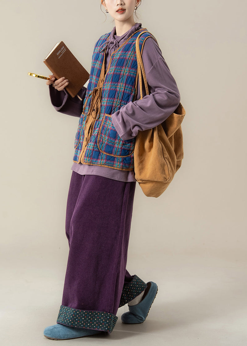 Loose Blue Plaid Lace Up Cotton Filled Waistcoat and Purple Wide Leg Pants Three Pieces Set Sleeveless