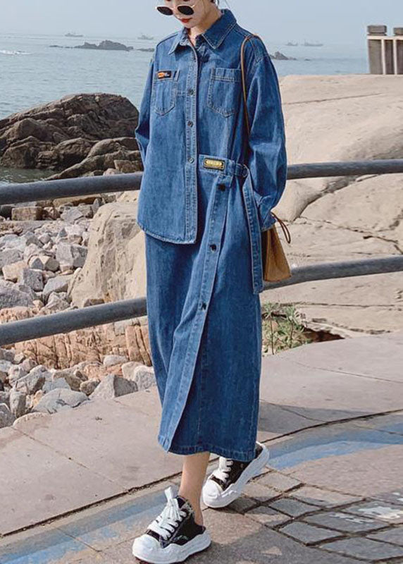 Loose Blue-love Pockets Button Asymmetrical Design Fall Denim Long Sleeve Long Dress
