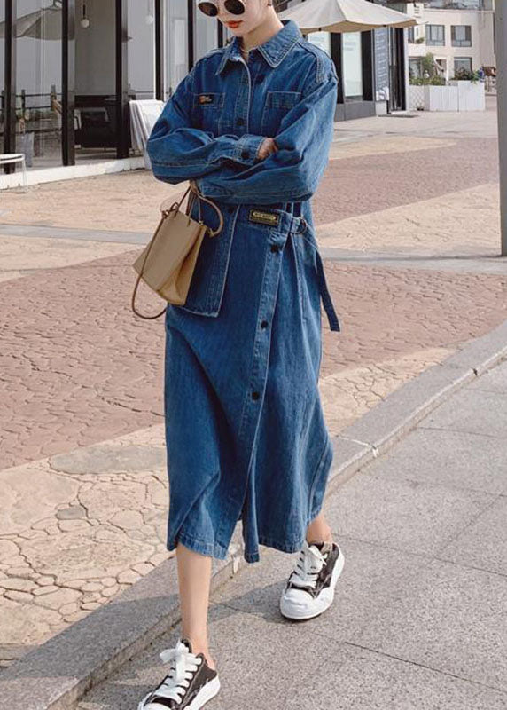 Loose Blue-love Pockets Button Asymmetrical Design Fall Denim Long Sleeve Long Dress