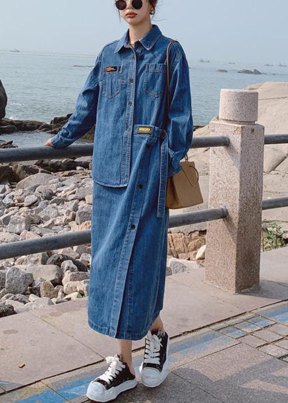Loose Blue-blue Dot Pockets Button Asymmetrical Design Fall Denim Long Sleeve Long Dress