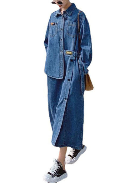 Loose Blue-flower Pockets Button Asymmetrical Design Fall Denim Long Sleeve Long Dress