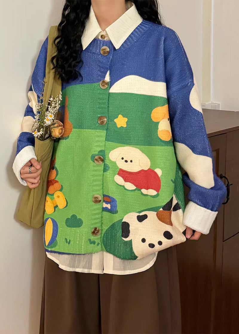 Loose Blue Print Button Cozy Patchwork Knit Sweater