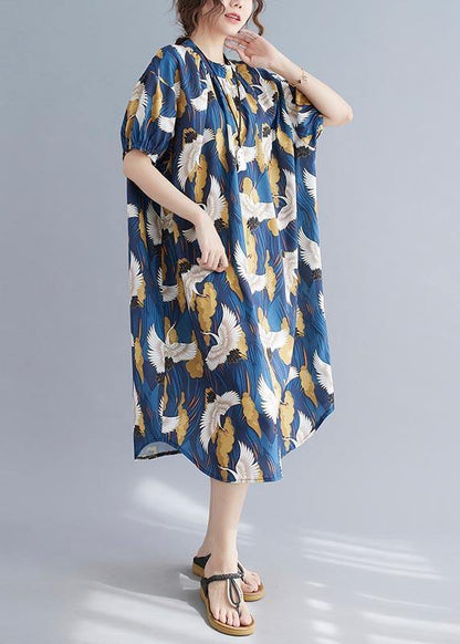 Loose Blue Print Cotton O-neck Loose Summer Mid Dress