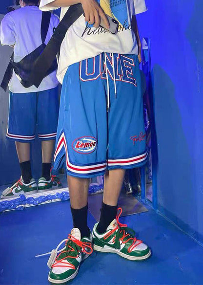 Loose Blue Print Elastic Waist Basketball Shorts Summer