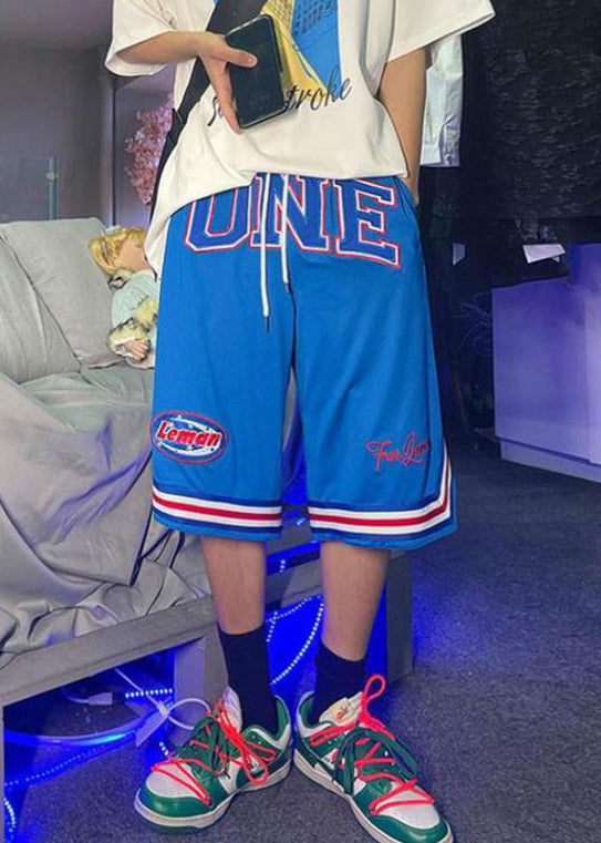 Loose Blue Print Elastic Waist Basketball Shorts Summer