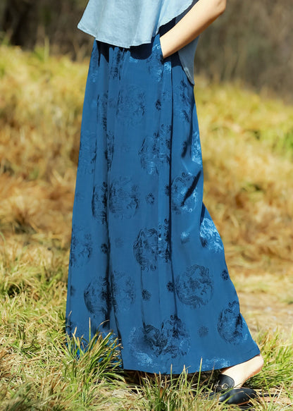 Loose Blue Print Pockets Elastic Waist Silk Wide Leg Pants Summer