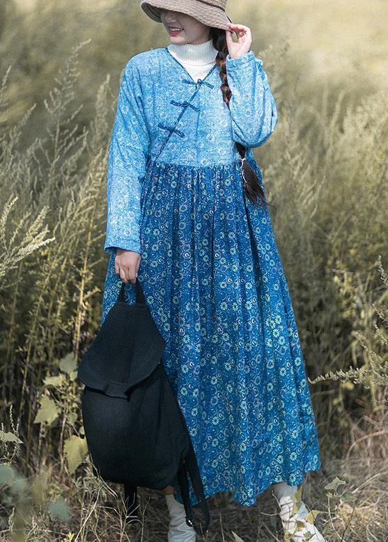 Loose Blue Print Robes V-neck Patchwork Spring Dresses