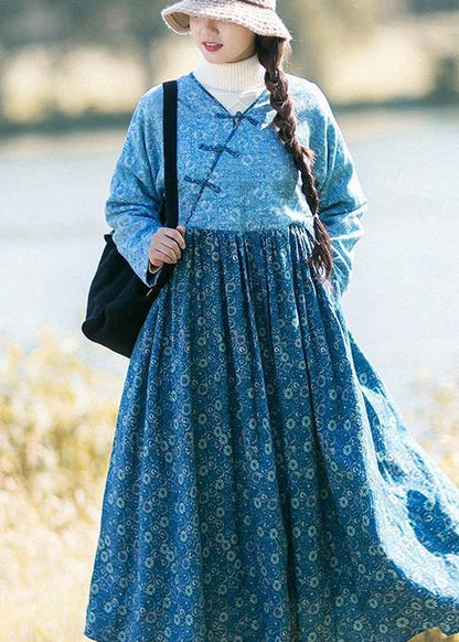Loose Blue Print Robes V-neck Patchwork Spring Dresses