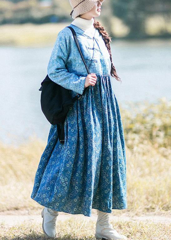 Loose Blue Print Robes V-neck Patchwork Spring Dresses
