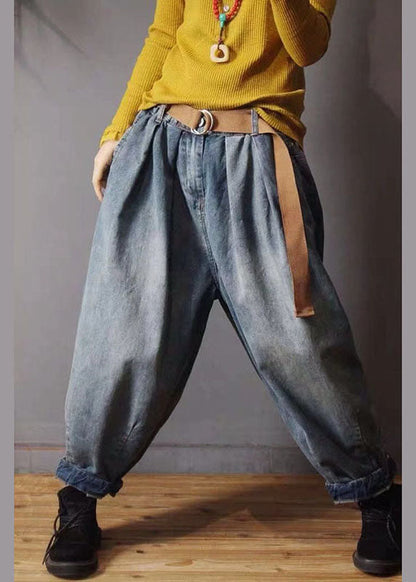 Loose Blue Retro Pockets Button Lantern Fall Denim Pants