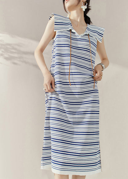 Loose Blue Sailor Collar Striped Knit Long Dresses Sleeveless