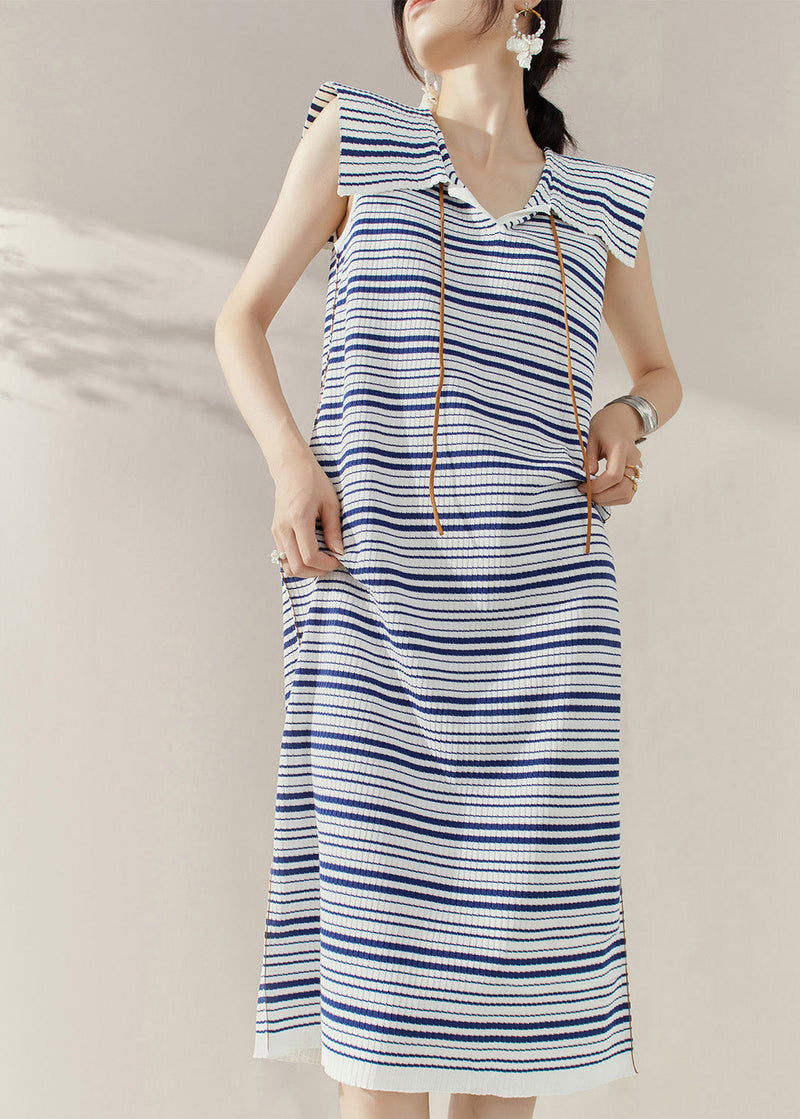 Loose Blue Sailor Collar Striped Knit Long Dresses Sleeveless
