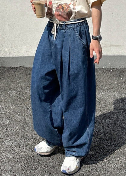Loose Blue Elastic Waist Denim Pants Summer