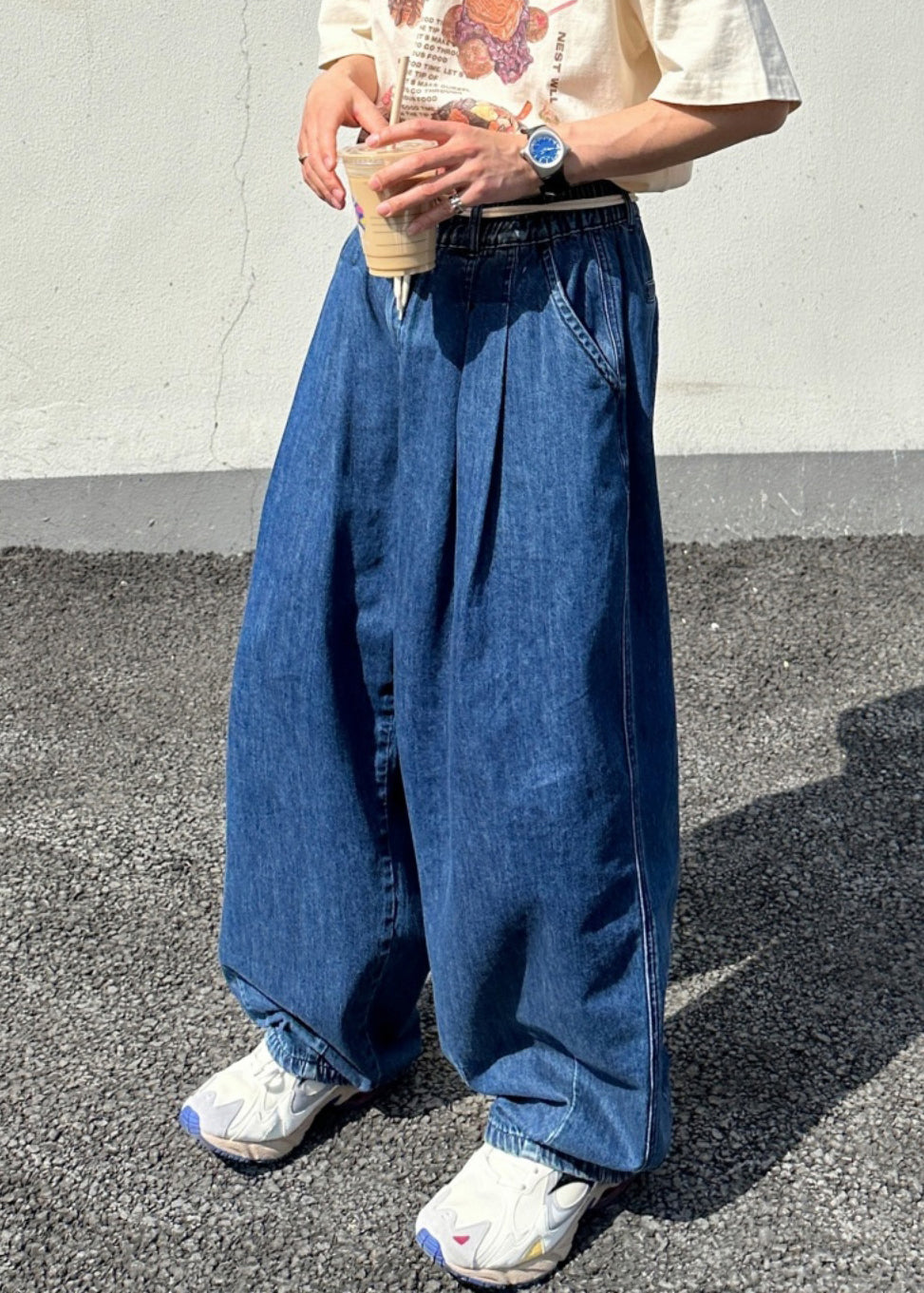 Loose Blue Elastic Waist Denim Pants Summer
