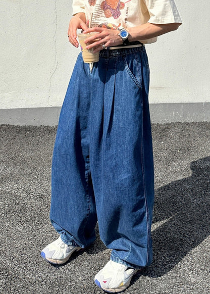 Loose Blue Elastic Waist Denim Pants Summer