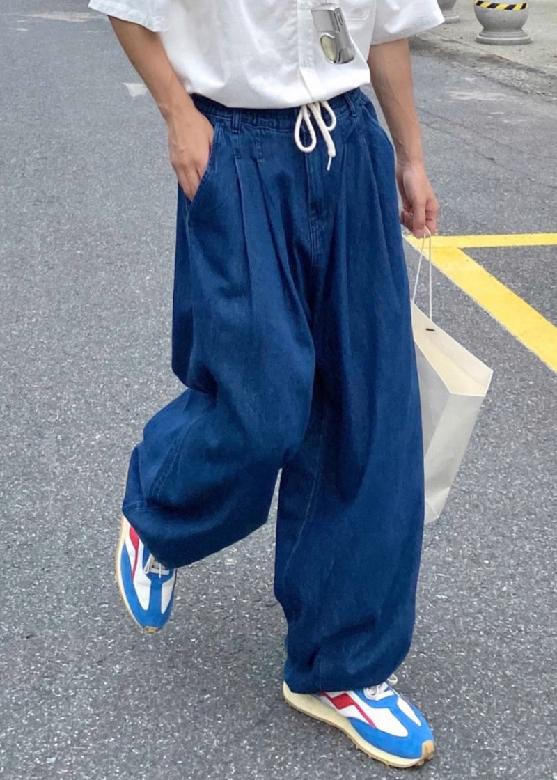Loose Blue Elastic Waist Denim Pants Summer