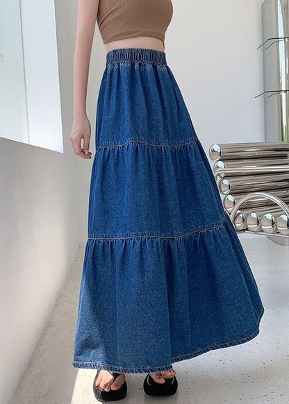 Loose Blue Elastic Waist Denim Skirt Summer