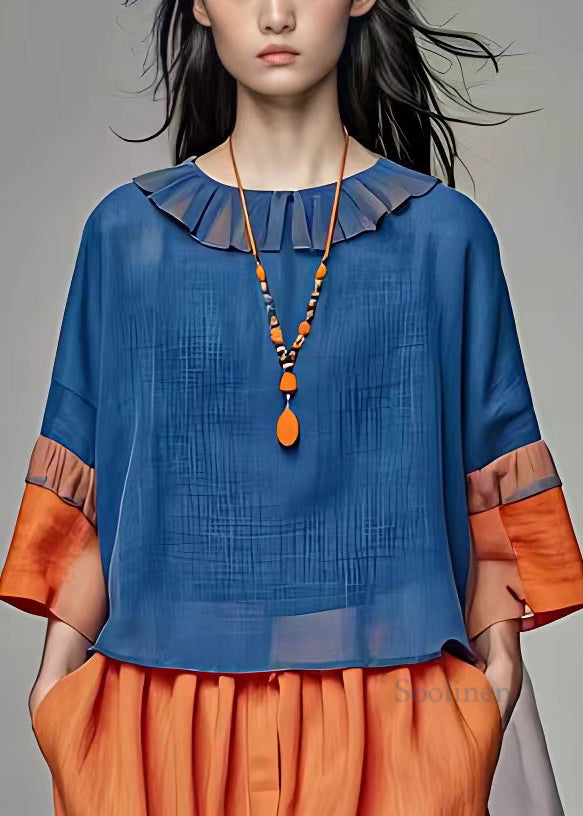 Loose Blue Patchwork Cotton Blouses Bracelet Sleeve
