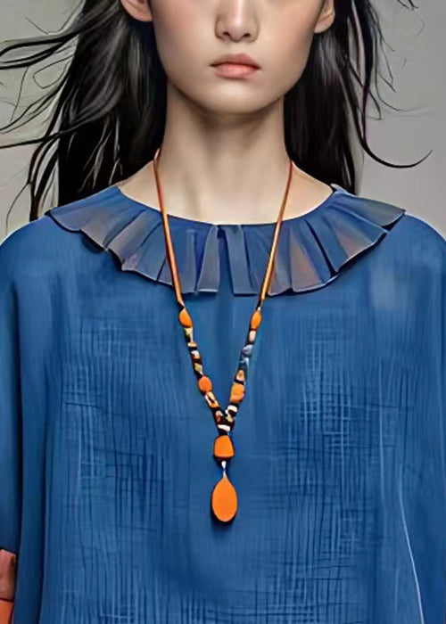 Loose Blue Patchwork Cotton Blouses Bracelet Sleeve