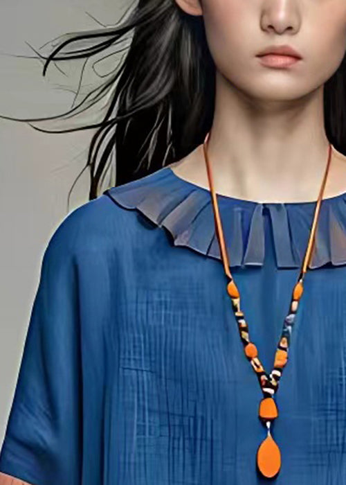 Loose Blue Patchwork Cotton Blouses Bracelet Sleeve
