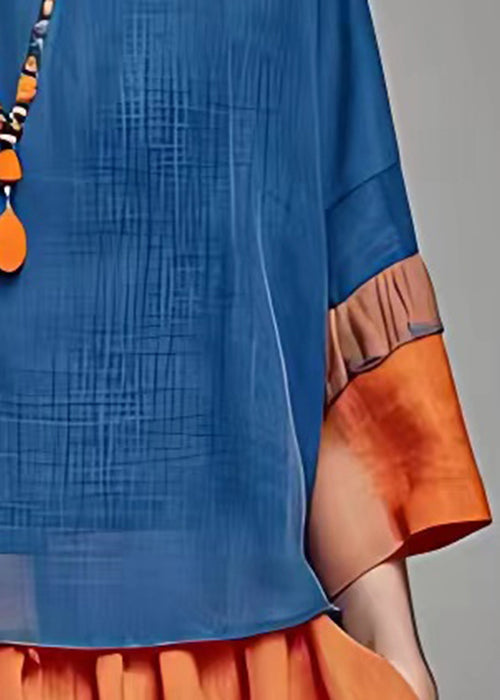 Loose Blue Patchwork Cotton Blouses Bracelet Sleeve