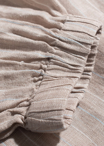 Loose Blue Striped V Neck Button Linen Blouses Bracelet Sleeve