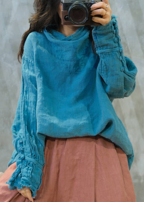Loose Blue Turtle Neck Linen T Shirt Long Sleeve