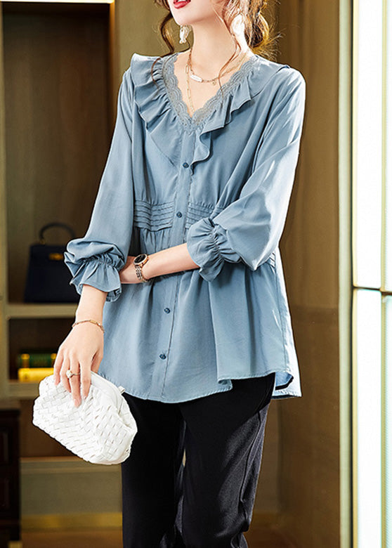 Loose Blue V Neck Button Tops Long Sleeve