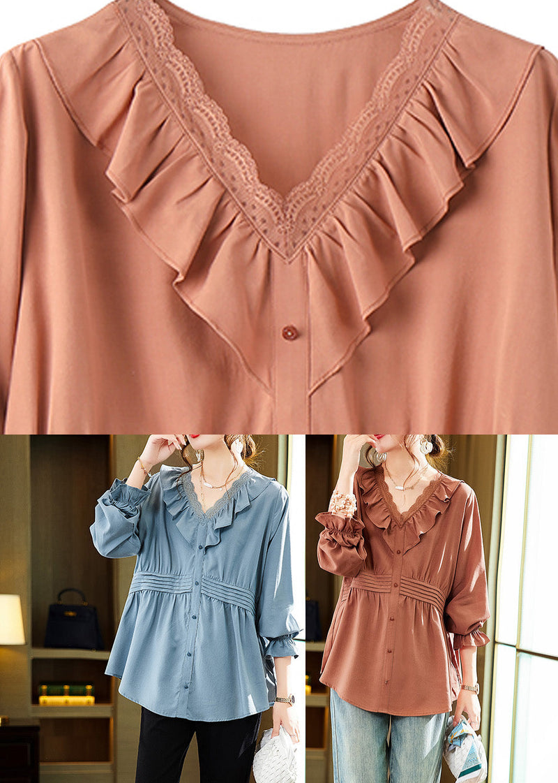 Loose Blue V Neck Button Tops Long Sleeve