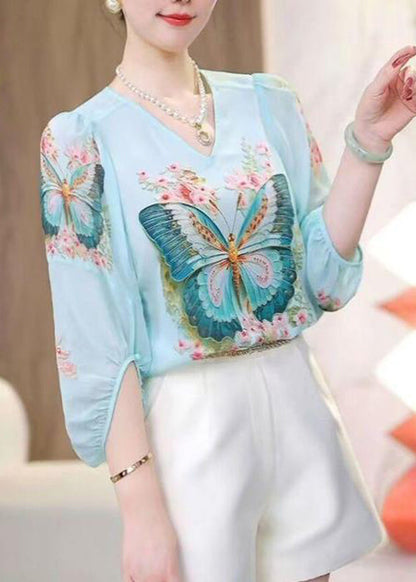 Loose Blue V Neck Print Chiffon Shirt Bracelet Sleeve