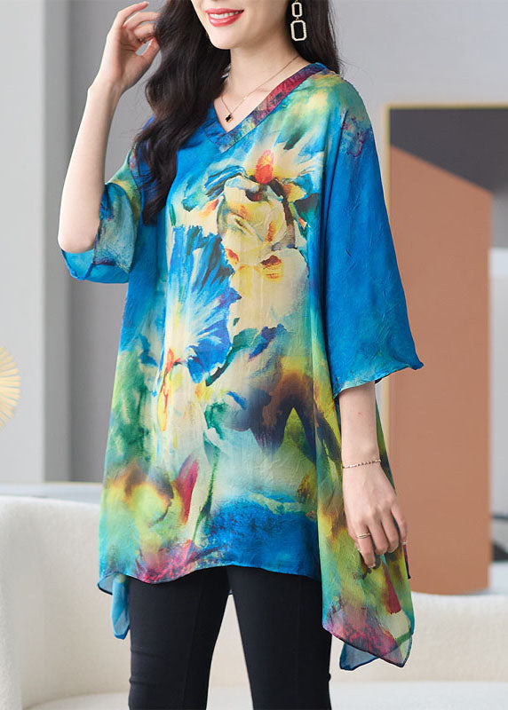 Loose Blue V Neck Print Patchwork Chiffon T Shirt Tops Half Sleeve
