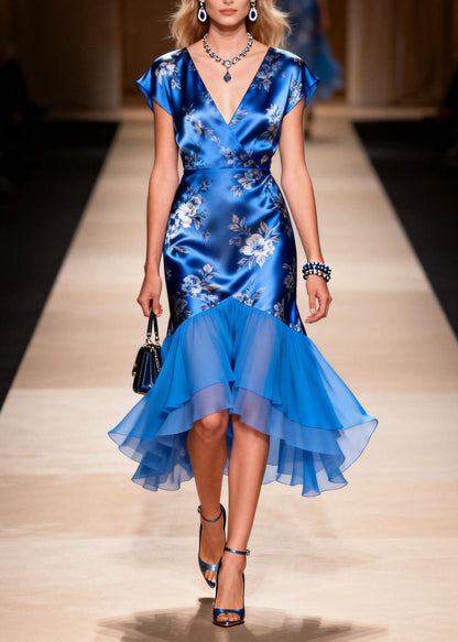 Loose Blue V Neck Ruffled Patchwork Silk Dress Summer