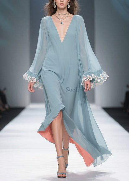 Loose Blue V Neck Chiffon Maxi Dresses Flare Sleeve