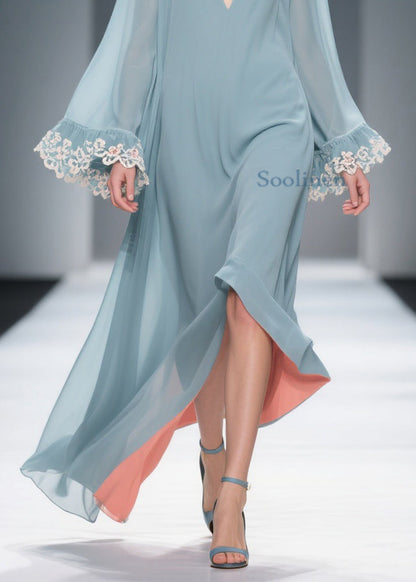 Loose Blue V Neck Chiffon Maxi Dresses Flare Sleeve