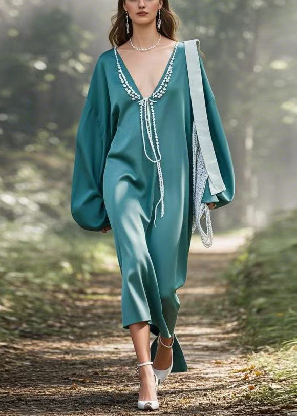 Loose Blue V Neck Patchwork Dress Spring