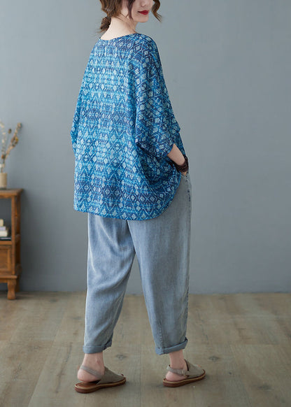 Loose Blue V Neck Low High Design Print Blouse Tops Half Sleeve