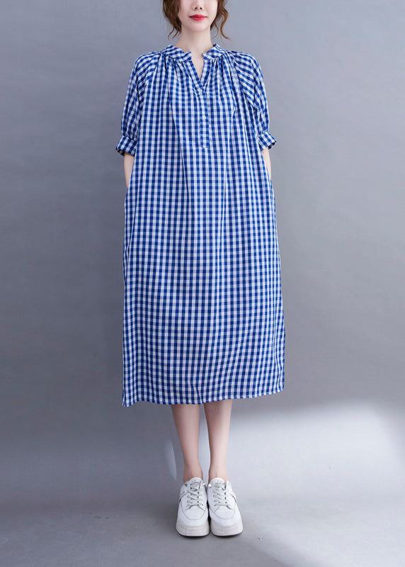 Loose Blue V Neck Side Open Plaid Cotton Dress Short Sleeve