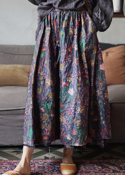 Loose Blue Elastic Waist Drawstring Cotton Skirts Spring